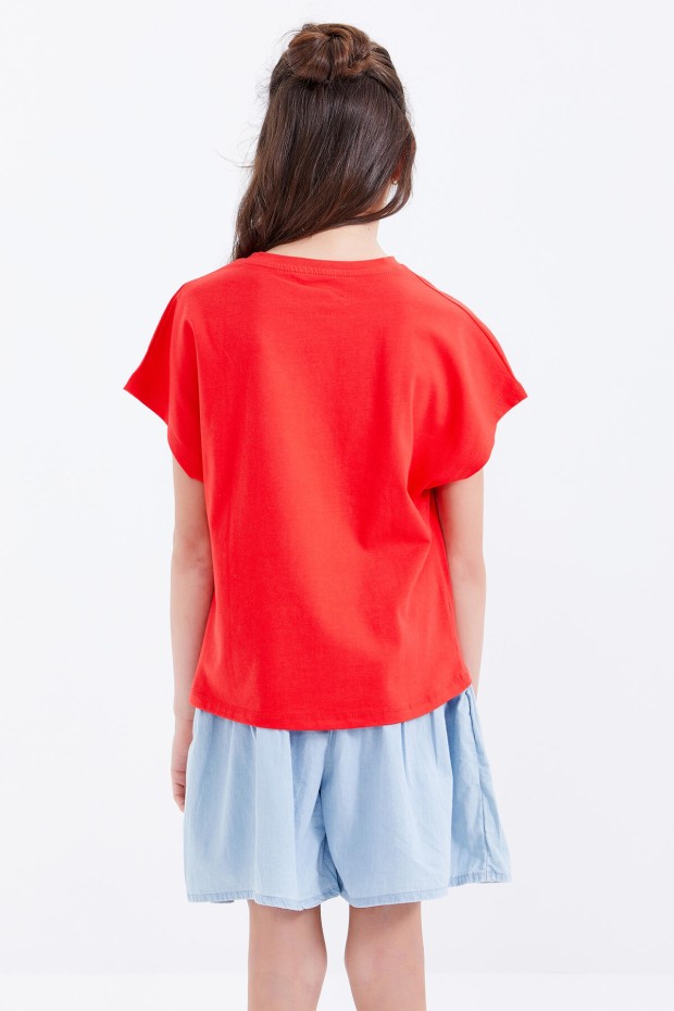 Nar Çiçeği Oversize Renkli Yazı Baskılı O Yaka Kız Çocuk T-Shirt - 75029