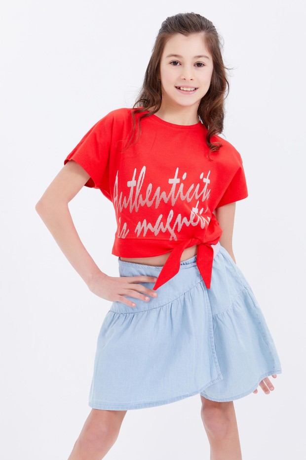 Nar Çiçeği Oversize Yazı Baskılı Beli Bağlama Detaylı O Yaka Kız Çocuk T-Shirt - 75045