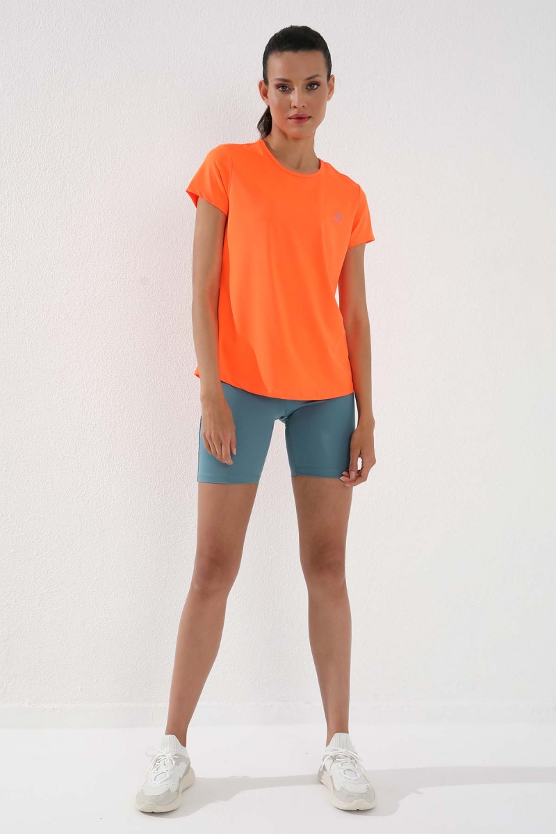 Neon Oranj Basic Kısa Kol Standart Kalıp O Yaka Kadın T-Shirt - 97144