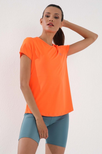 Neon Oranj Basic Kısa Kol Standart Kalıp O Yaka Kadın T-Shirt - 97144 - Thumbnail