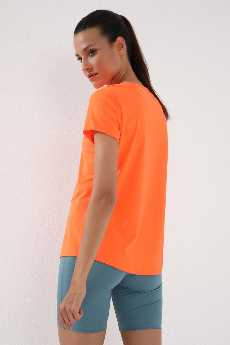 Neon Oranj Basic Kısa Kol Standart Kalıp O Yaka Kadın T-Shirt - 97144