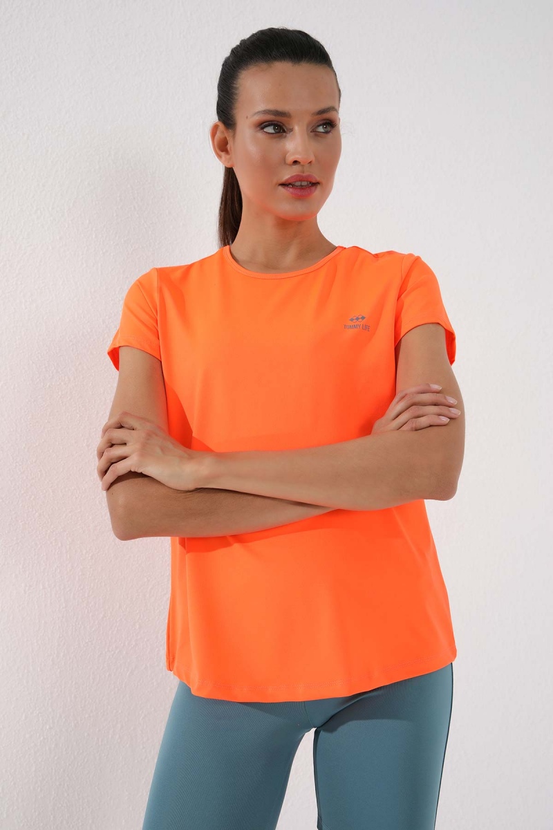 Neon Oranj Basic Kısa Kol Standart Kalıp O Yaka Kadın T-Shirt - 97144