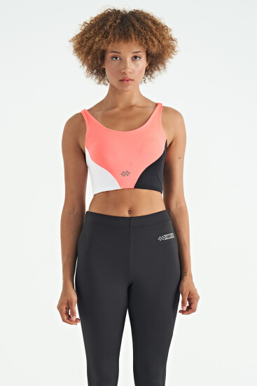 Neon Pembe Logo Baskılı Renk Bloklu Sırt Çapraz Detaylı Dalgıç Kumaş Kadın Büstiyer - 97260 - TOMMYLIFE (1)