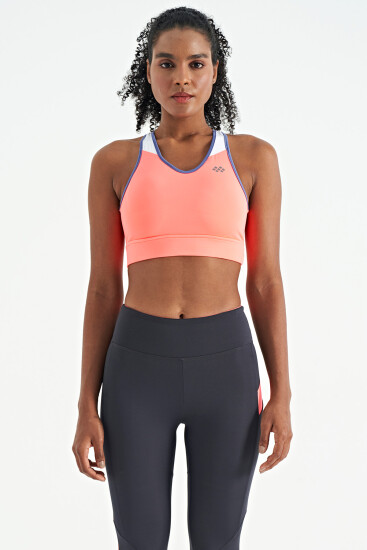 Neon Pembe Renk Bloklu Sırt Baskı Detaylı Dar Kalıp Kadın Büstiyer - 97253 - TOMMYLIFE