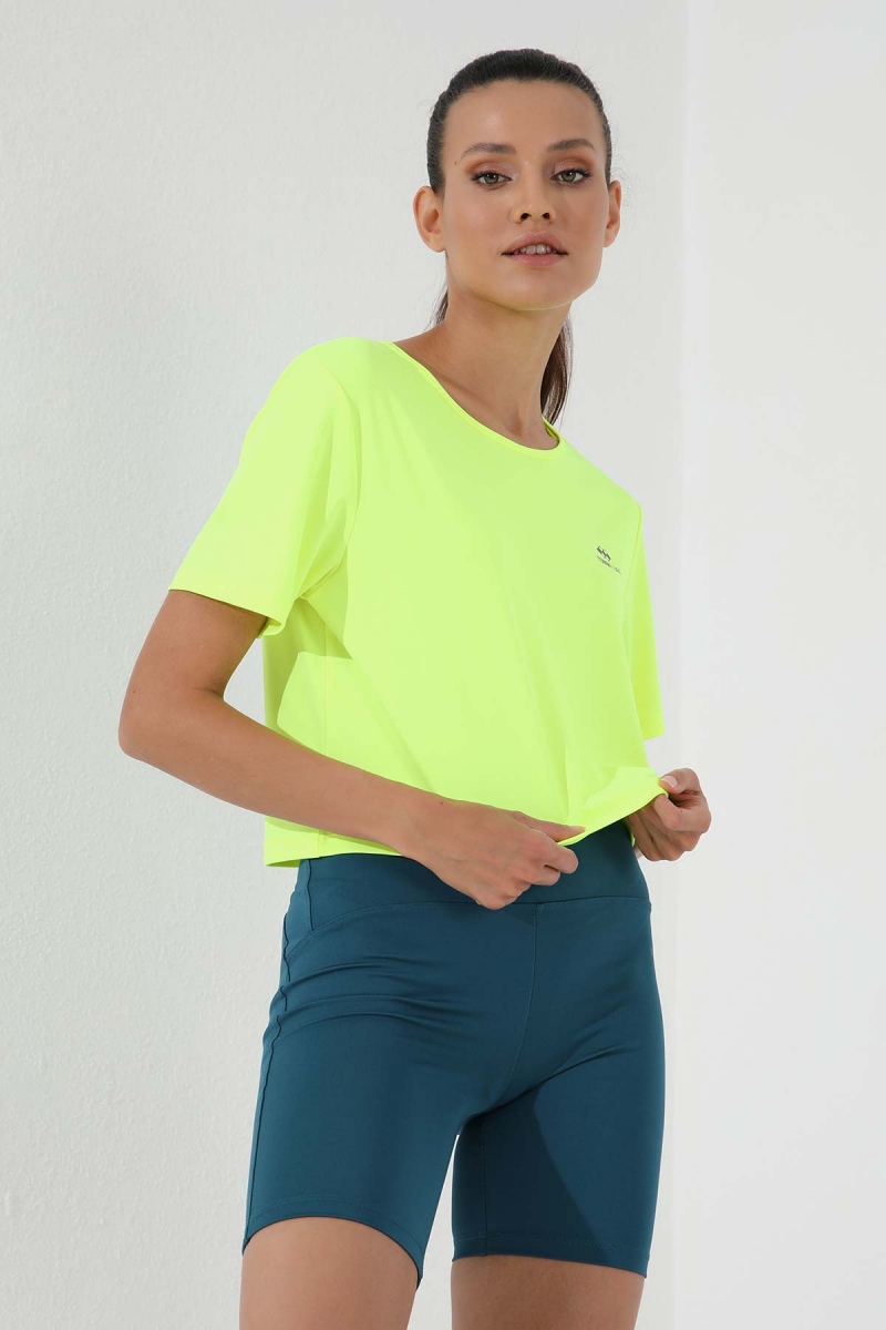 Neon Sarı Basic Kısa Kol Standart Kalıp O Yaka Kadın Crop Top T-Shirt - 97143