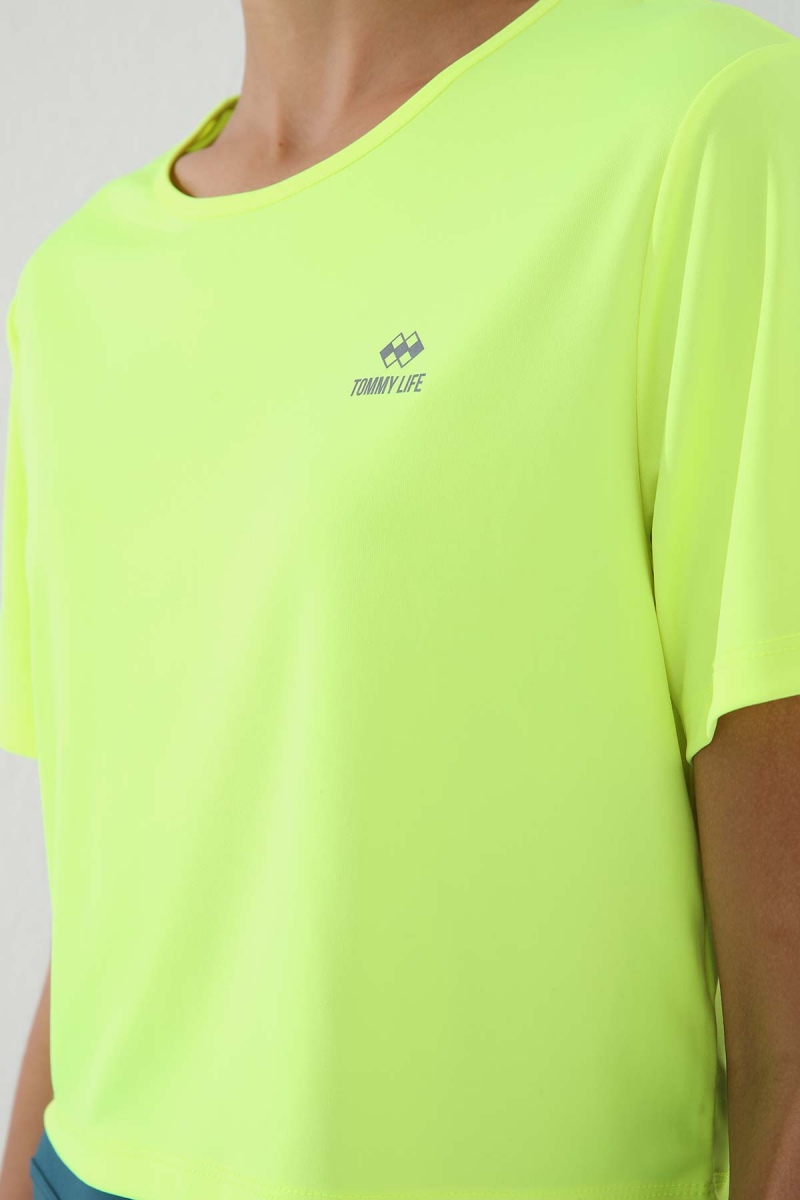Neon Sarı Basic Kısa Kol Standart Kalıp O Yaka Kadın Crop Top T-Shirt - 97143