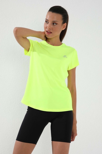 Neon Sarı Basic Kısa Kol Standart Kalıp O Yaka Kadın T-Shirt - 97144 - Thumbnail