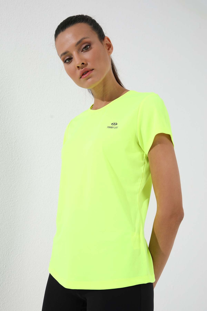 Neon Sarı Basic Kısa Kol Standart Kalıp O Yaka Kadın T-Shirt - 97144