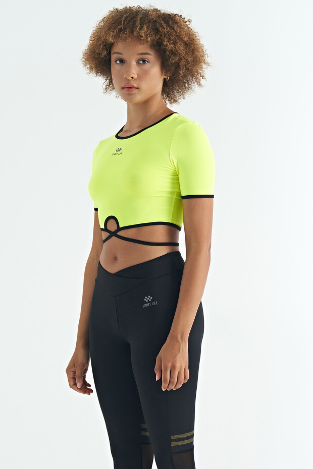 Neon Sarı Bel Bağlama Detaylı O Yaka Standart Kalıp Dalgıç Kumaş Kadın Crop T-Shirt - 97266