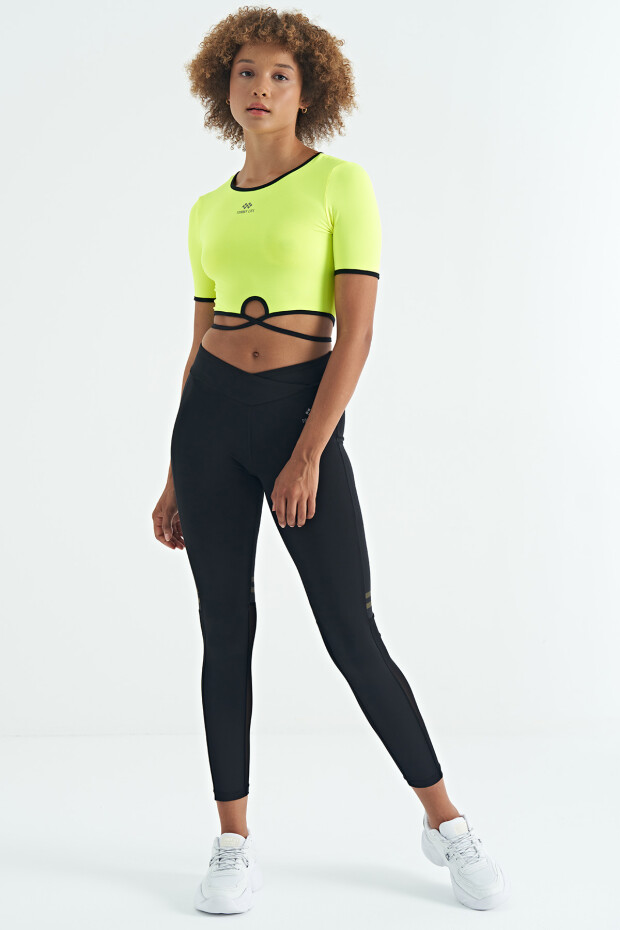 Neon Sarı Bel Bağlama Detaylı O Yaka Standart Kalıp Dalgıç Kumaş Kadın Crop T-Shirt - 97266