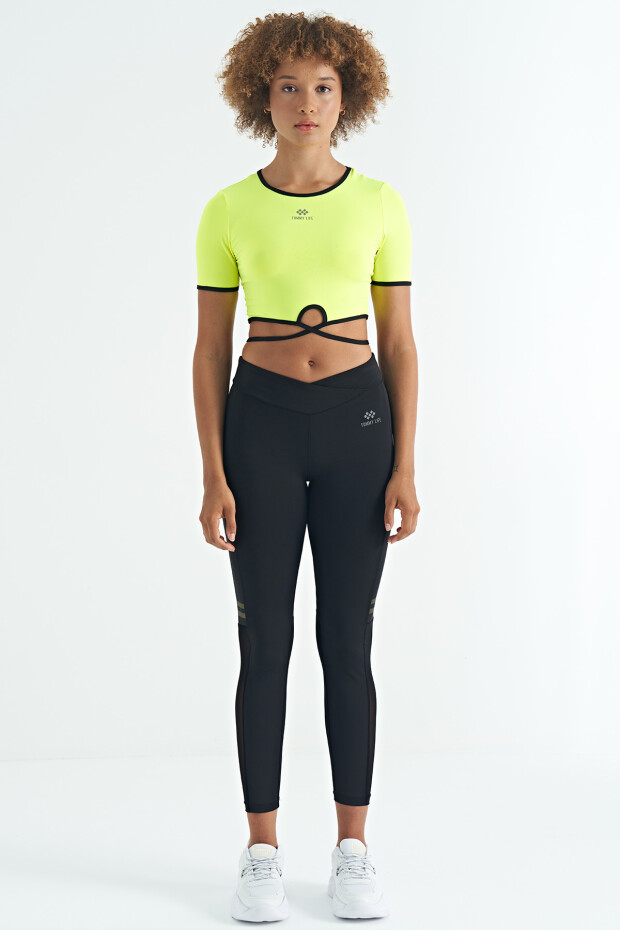 Neon Sarı Bel Bağlama Detaylı O Yaka Standart Kalıp Dalgıç Kumaş Kadın Crop T-Shirt - 97266 - 4