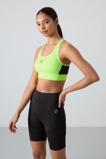 Neon Sarı Çapraz Sırt Detaylı Slim Fit U Yaka Pedli Kadın Spor Büstiyer - 97121 