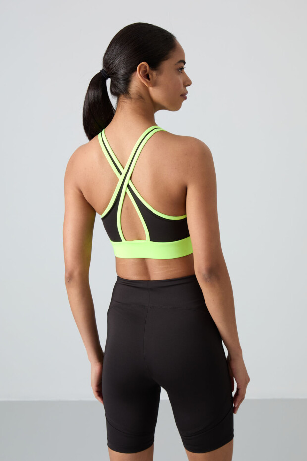 Neon Sarı Çapraz Sırt Detaylı Slim Fit U Yaka Pedli Kadın Spor Büstiyer - 97121 - 4