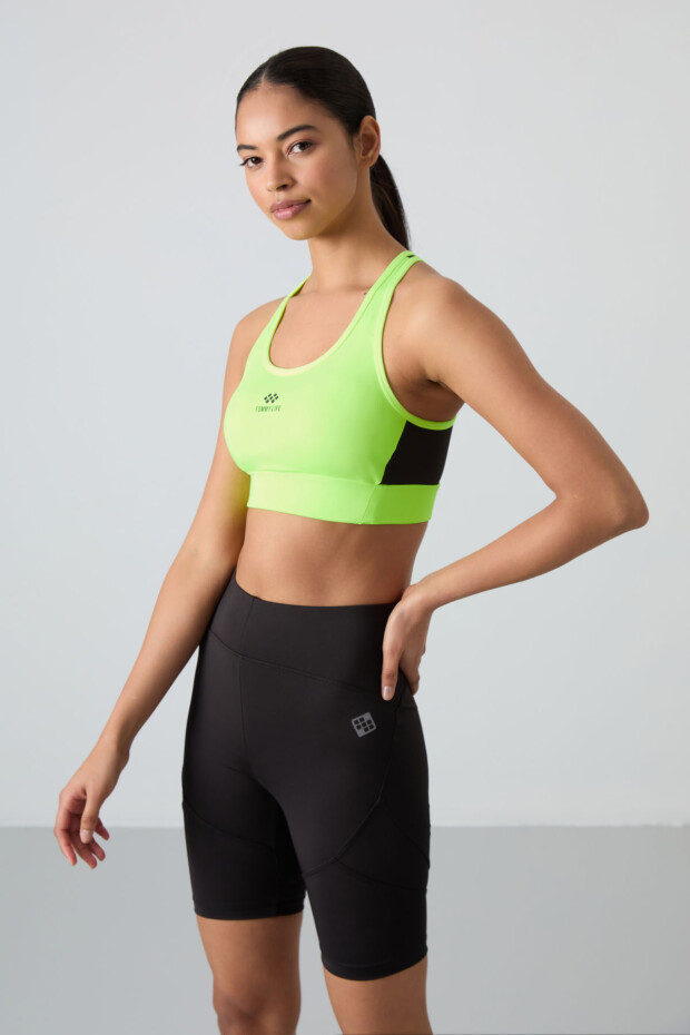 Neon Sarı Çapraz Sırt Detaylı Slim Fit U Yaka Pedli Kadın Spor Büstiyer - 97121 - 1