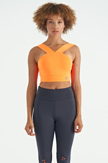 Neon Turuncu Logo Baskılı Dar Kalıp Dalgıç Kumaş Kadın Büstiyer - 97259 - TOMMYLIFE