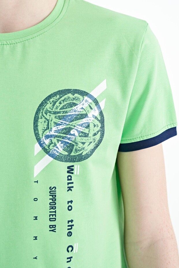 Neon Yeşil Baskı Detaylı O Yaka Standart Kalıp Erkek Çocuk T-Shirt - 11131