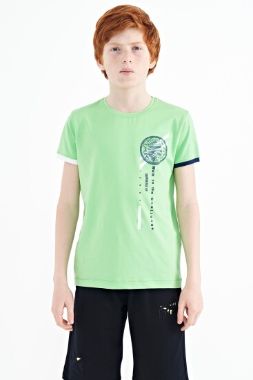 Neon Yeşil Baskı Detaylı O Yaka Standart Kalıp Erkek Çocuk T-Shirt - 11131 