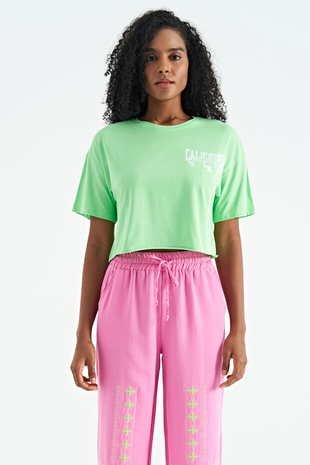 Neon Yeşil Baskılı Düşük Kol Detaylı Oversize Kadın Crop T-Shirt - 02179