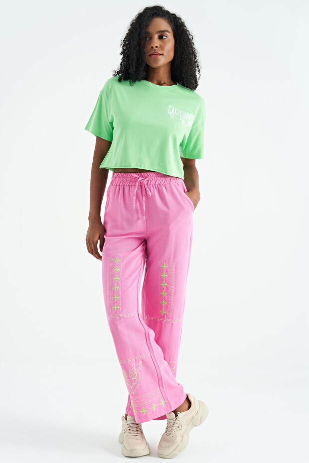 Neon Yeşil Baskılı Düşük Kol Detaylı Oversize Kadın Crop T-Shirt - 02179
