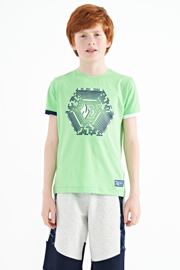 Neon Yeşil Kol Ucu Renkli Detaylı Baskılı Standart Kalıp Erkek Çocuk T-Shirt - 11156 