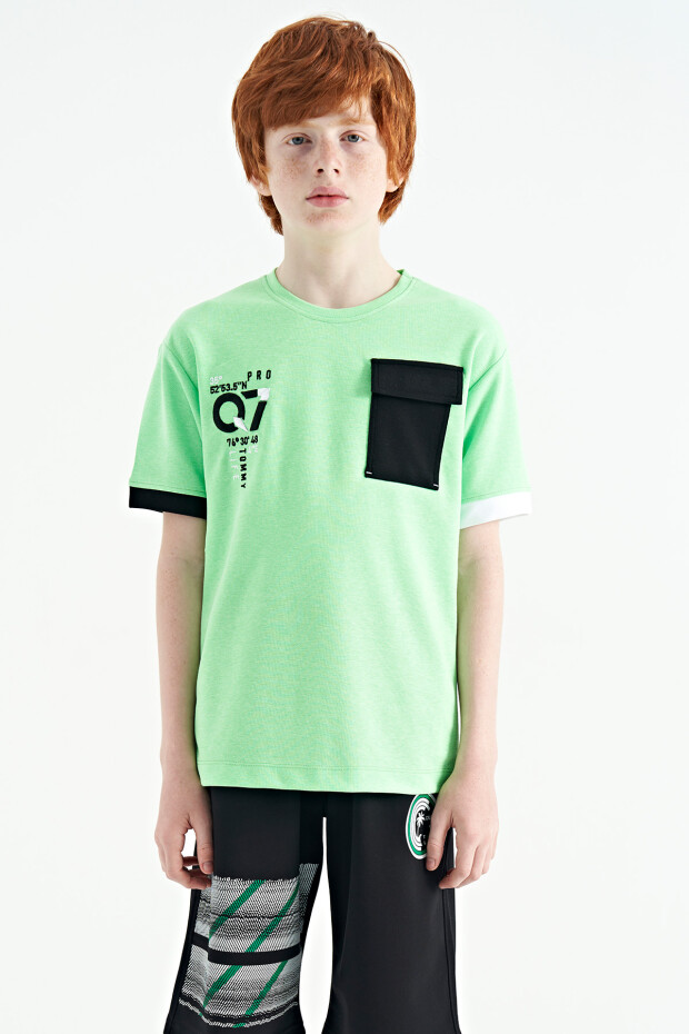 Neon Yeşil O Yaka Oversize Cep Detaylı Erkek Çocuk T-Shirt - 11152
