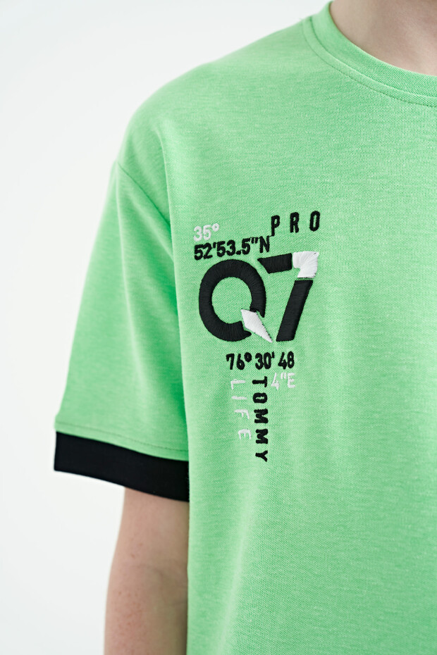 Neon Yeşil O Yaka Oversize Cep Detaylı Erkek Çocuk T-Shirt - 11152