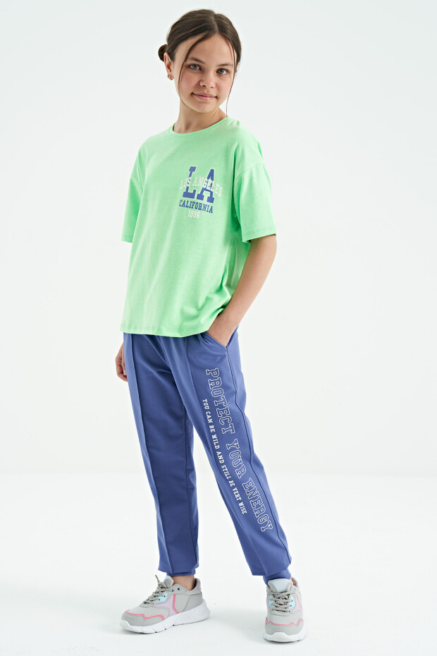 Neon Yeşil Ön Arka Baskılı O Yaka Oversize Kısa Kollu Kız Çocuk T-Shirt - 75127
