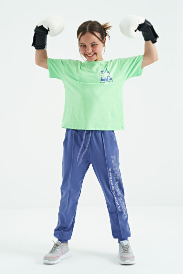 Neon Yeşil Ön Arka Baskılı O Yaka Oversize Kısa Kollu Kız Çocuk T-Shirt - 75127 