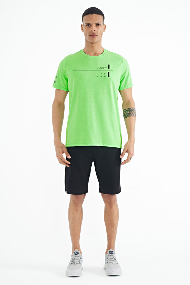 Neon Yeşil Ön Ve Kol Baskı Detaylı Standart Form O Yaka Erkek T-shirt - 88213