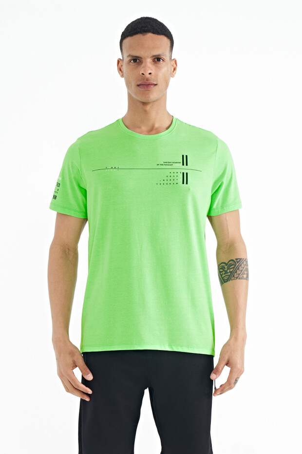 Neon Yeşil Ön Ve Kol Baskı Detaylı Standart Form O Yaka Erkek T-shirt - 88213