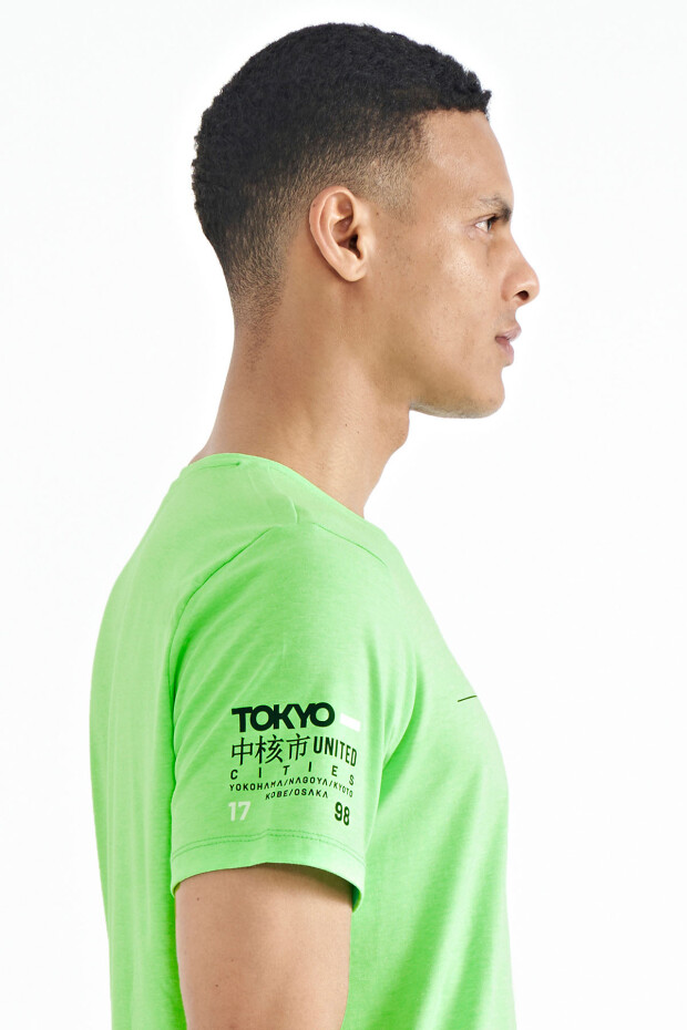 Neon Yeşil Ön Ve Kol Baskı Detaylı Standart Form O Yaka Erkek T-shirt - 88213
