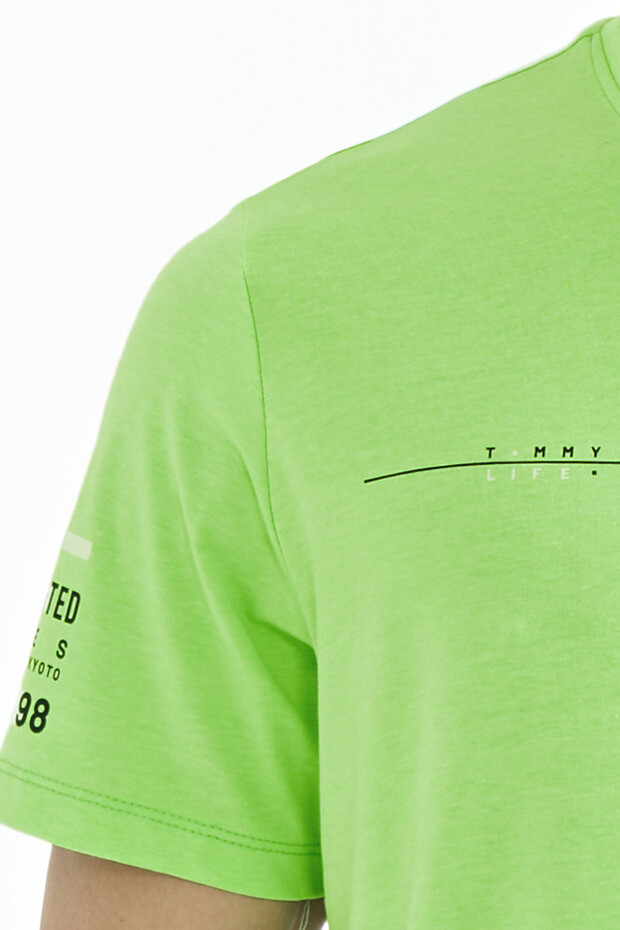 Neon Yeşil Ön Ve Kol Baskı Detaylı Standart Form O Yaka Erkek T-shirt - 88213
