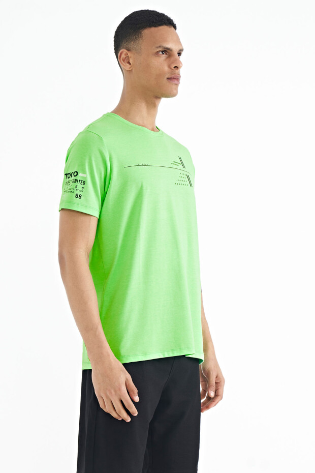 Neon Yeşil Ön Ve Kol Baskı Detaylı Standart Form O Yaka Erkek T-shirt - 88213