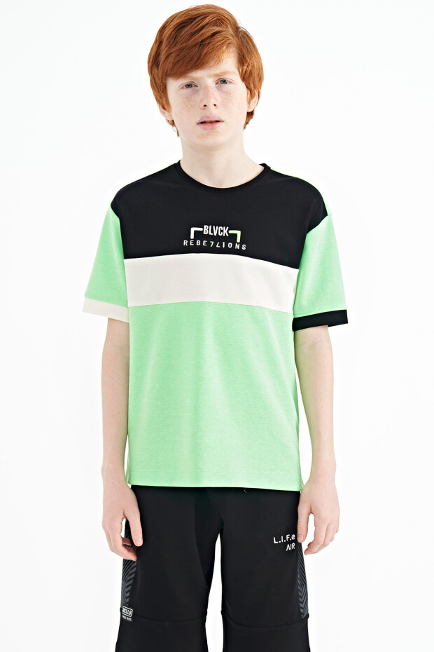 Neon Yeşil Renk Geçişli Nakışlı Oversize Erkek Çocuk T-Shirt - 11159 - 1