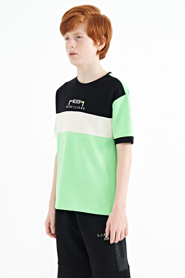 Neon Yeşil Renk Geçişli Nakışlı Oversize Erkek Çocuk T-Shirt - 11159 - 3