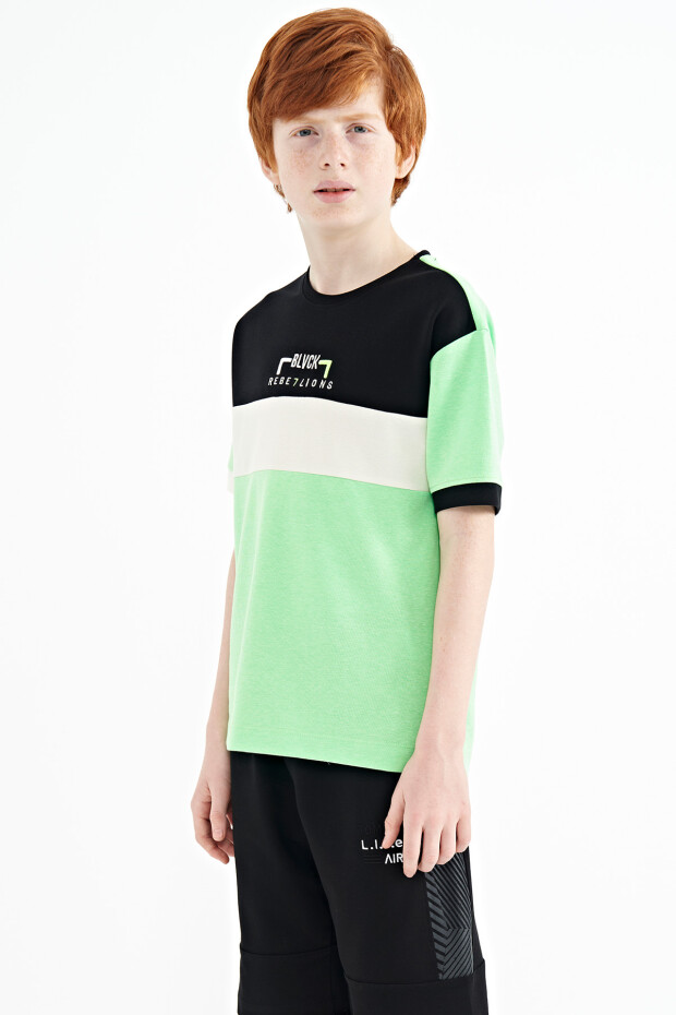 Neon Yeşil Renk Geçişli Nakışlı Oversize Erkek Çocuk T-Shirt - 11159 - 5