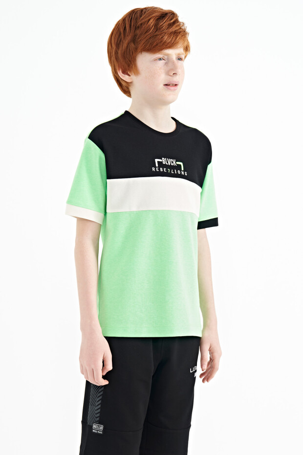 Neon Yeşil Renk Geçişli Nakışlı Oversize Erkek Çocuk T-Shirt - 11159 - 6
