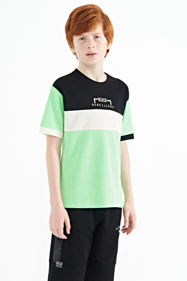 Neon Yeşil Renk Geçişli Nakışlı Oversize Erkek Çocuk T-Shirt - 11159 - 7