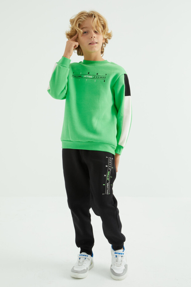 Neon Yeşil - Siyah O Yaka Yazı Nakışlı Jogger Erkek Çocuk Eşofman Takım - 10977