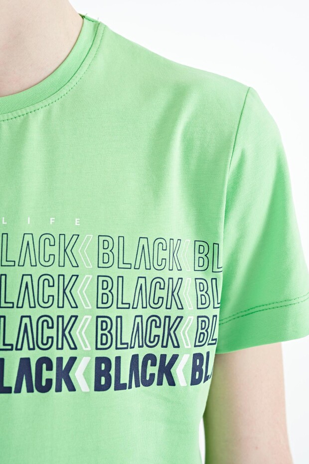 Neon Yeşil Yazı Baskılı O Yaka Standart Kalıp Erkek Çocuk T-Shirt - 11149