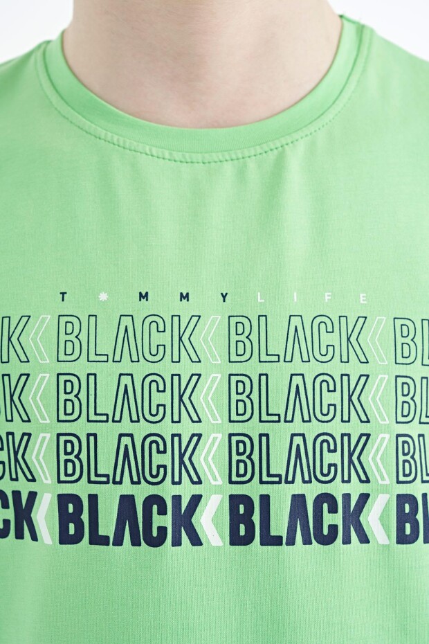 Neon Yeşil Yazı Baskılı O Yaka Standart Kalıp Erkek Çocuk T-Shirt - 11149