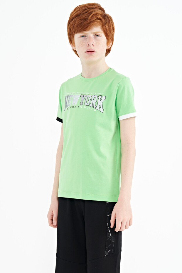 Neon Yeşil Yazı Baskılı Standart Kalıp O Yaka Erkek Çocuk T-Shirt - 11105