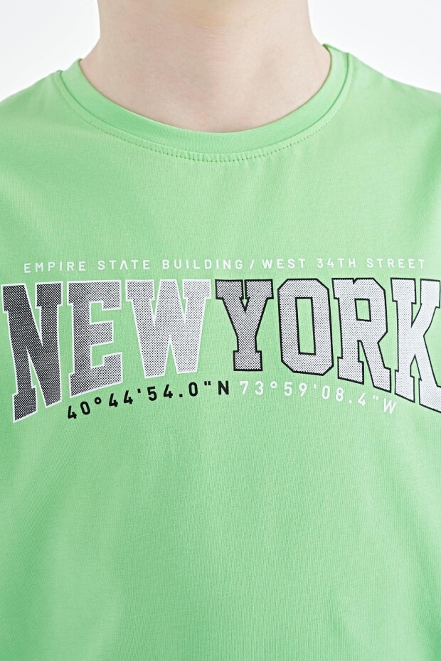 Neon Yeşil Yazı Baskılı Standart Kalıp O Yaka Erkek Çocuk T-Shirt - 11105
