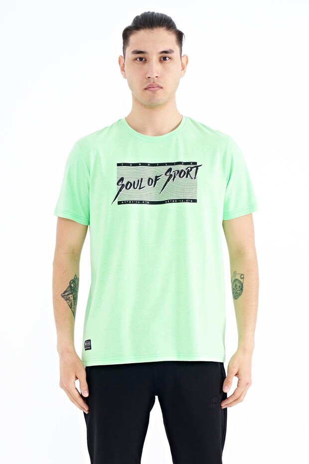 Neon Yeşil Yazı Desen Baskılı Standart Kalıp O Yaka Erkek T-Shirt - 88172