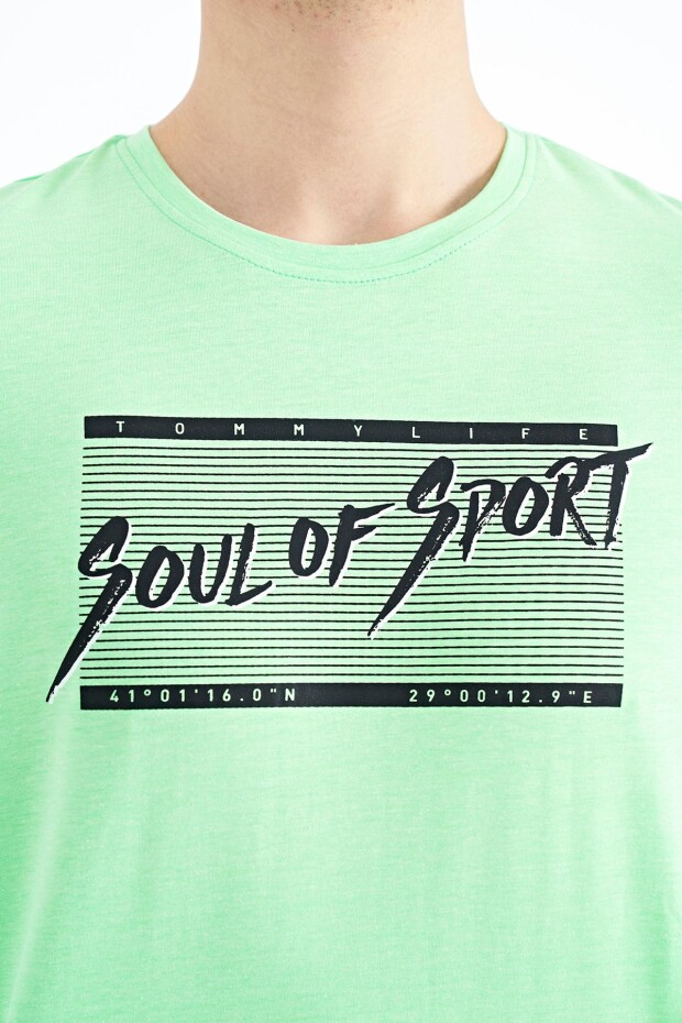 Neon Yeşil Yazı Desen Baskılı Standart Kalıp O Yaka Erkek T-Shirt - 88172