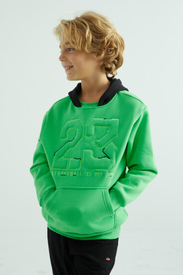Neon Yeşil Yazı Ve Omuz Nakışlı Kapüşonlu Standart Kalıp Erkek Çocuk Sweatshirt - 11027 