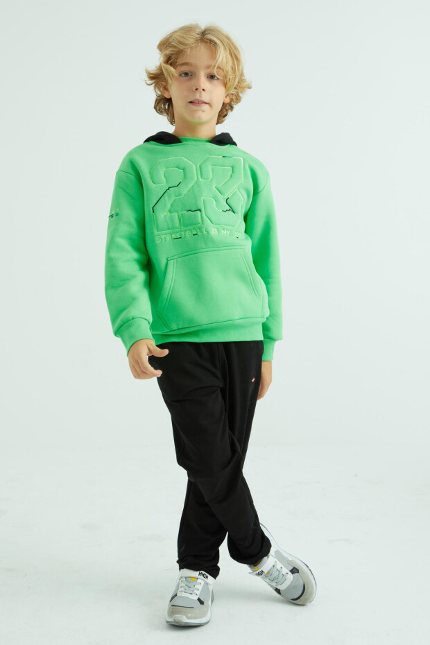 Neon Yeşil Yazı Ve Omuz Nakışlı Kapüşonlu Standart Kalıp Erkek Çocuk Sweatshirt - 11027