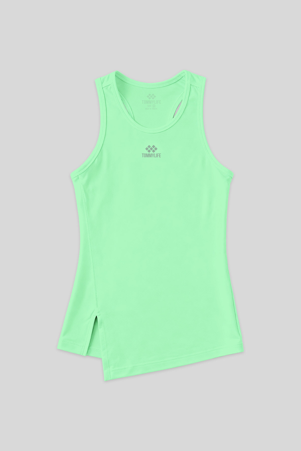 Neon Yeşil Yırtmaç Detaylı O Yaka Sıfır Kollu Standart Kalıp Kadın Spor Atlet - 97256 - TOMMYLIFE