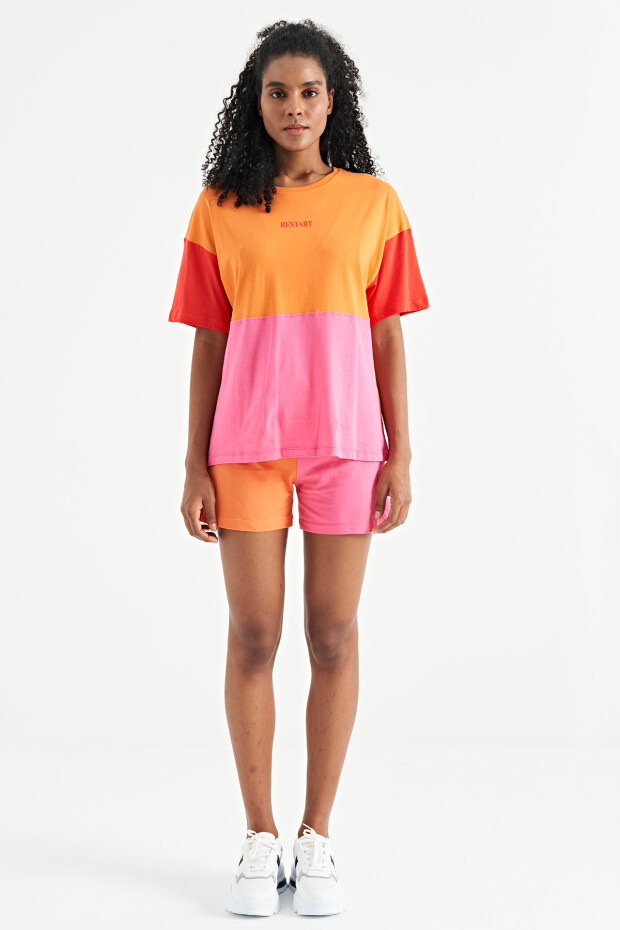 Oranj Çok Renkli O Yaka Oversize Kadın Basic T-Shirt - 02309