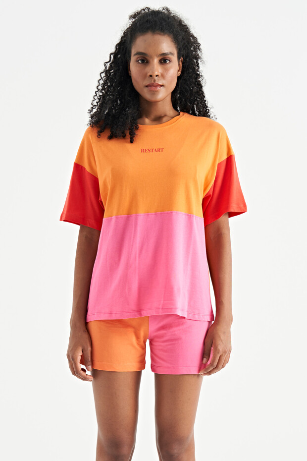 Oranj Çok Renkli O Yaka Oversize Kadın Basic T-Shirt - 02309